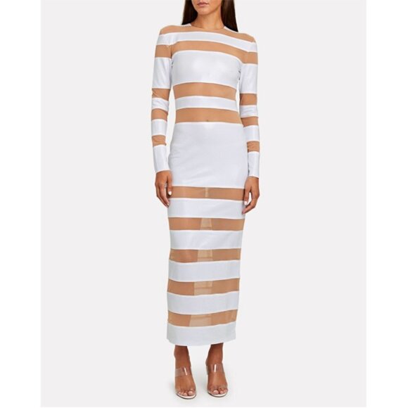 NORMA KAMALI Splice Striped Sheer Knit Midi Dress In White Long Sleeves Size S - Picture 11 of 11